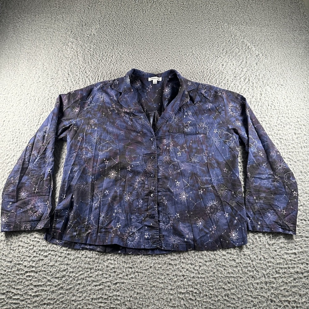 Johnny Was Bejewel Sleep Pajama Shirt Womens S Navy Button Front Long Sleeve
